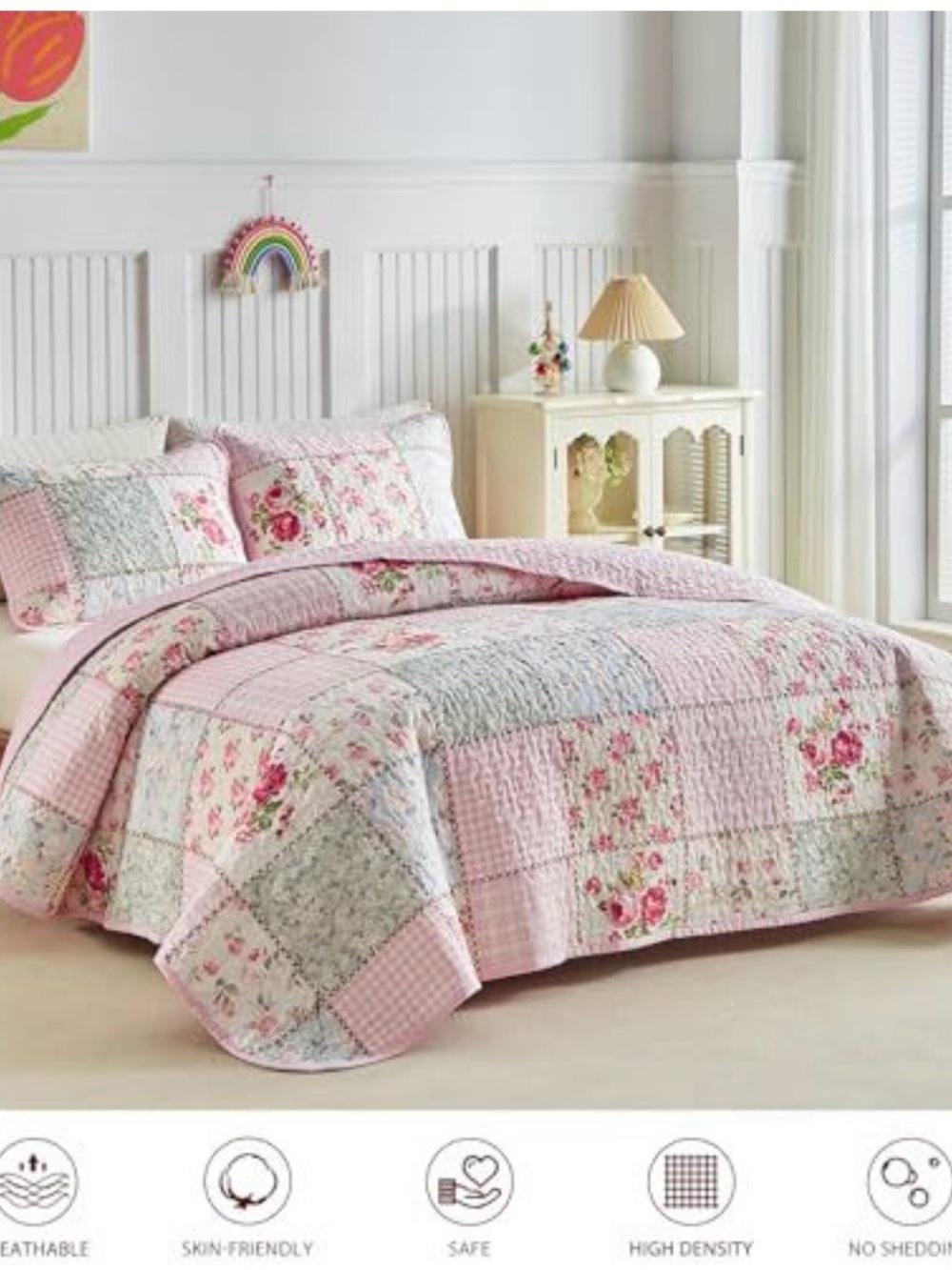 Floral Patchwork Pink Quilt Set - Soft Cottage Bedding. Queen